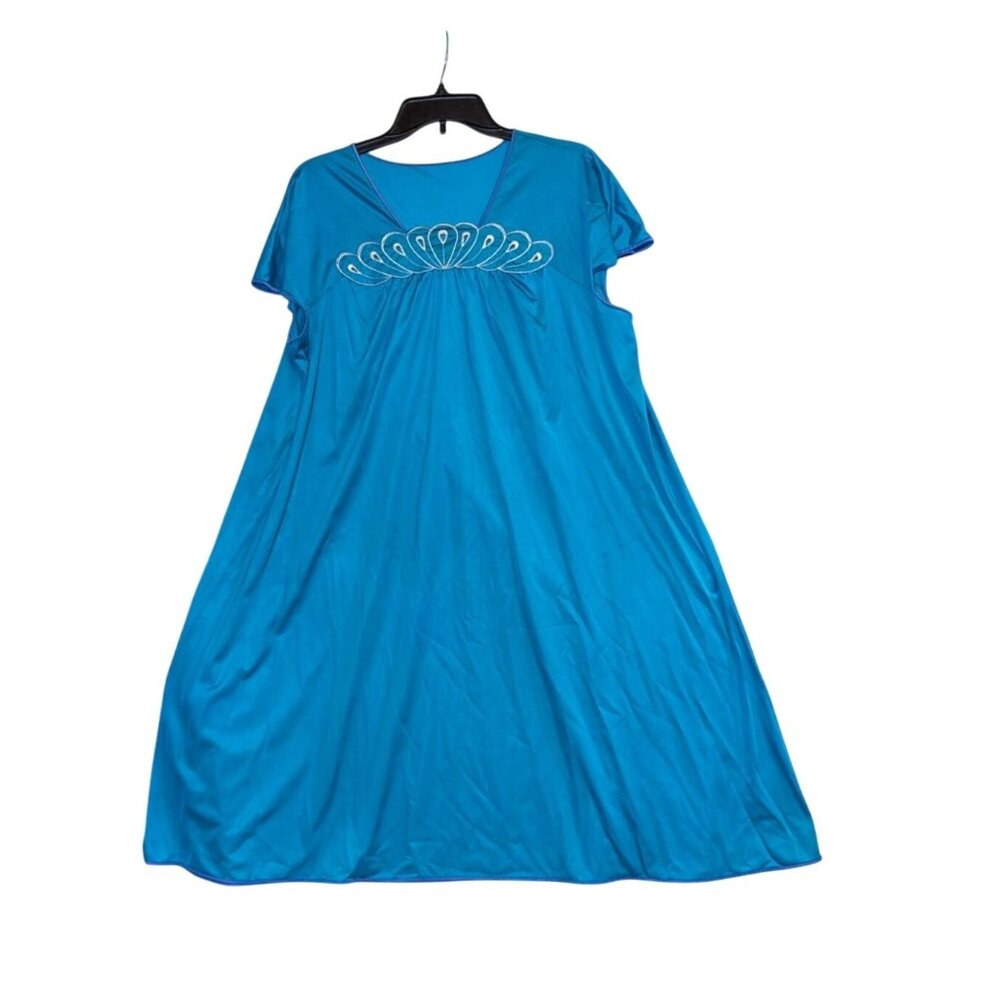 Shadowline Turquoise Nightgown With Embroidered Peacock Feather Design Size L